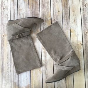 DKNYC new tan suede buckle wedge mid calf boots 7
